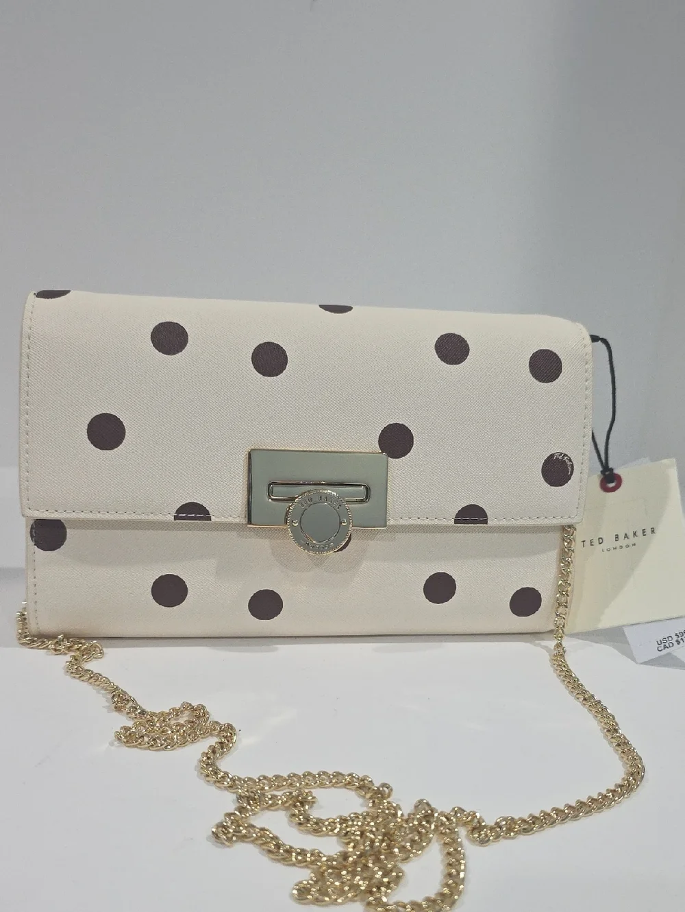 NWT ⭐ Ted Baker PARISA Crossbody Wallet on a Chain Bag Ivory / Brown Polka Dots